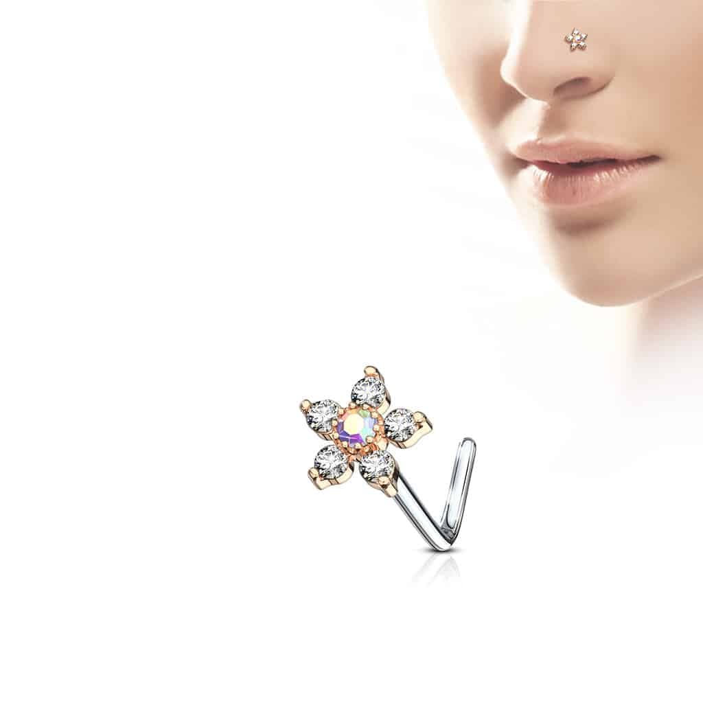 Neus stud met bloem top met gekleurde steentjes
