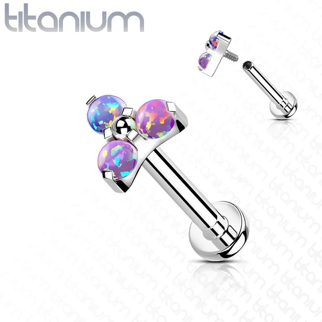 Intern geschroefde labret piercing van titanium met 3 paarse opaal steentjes