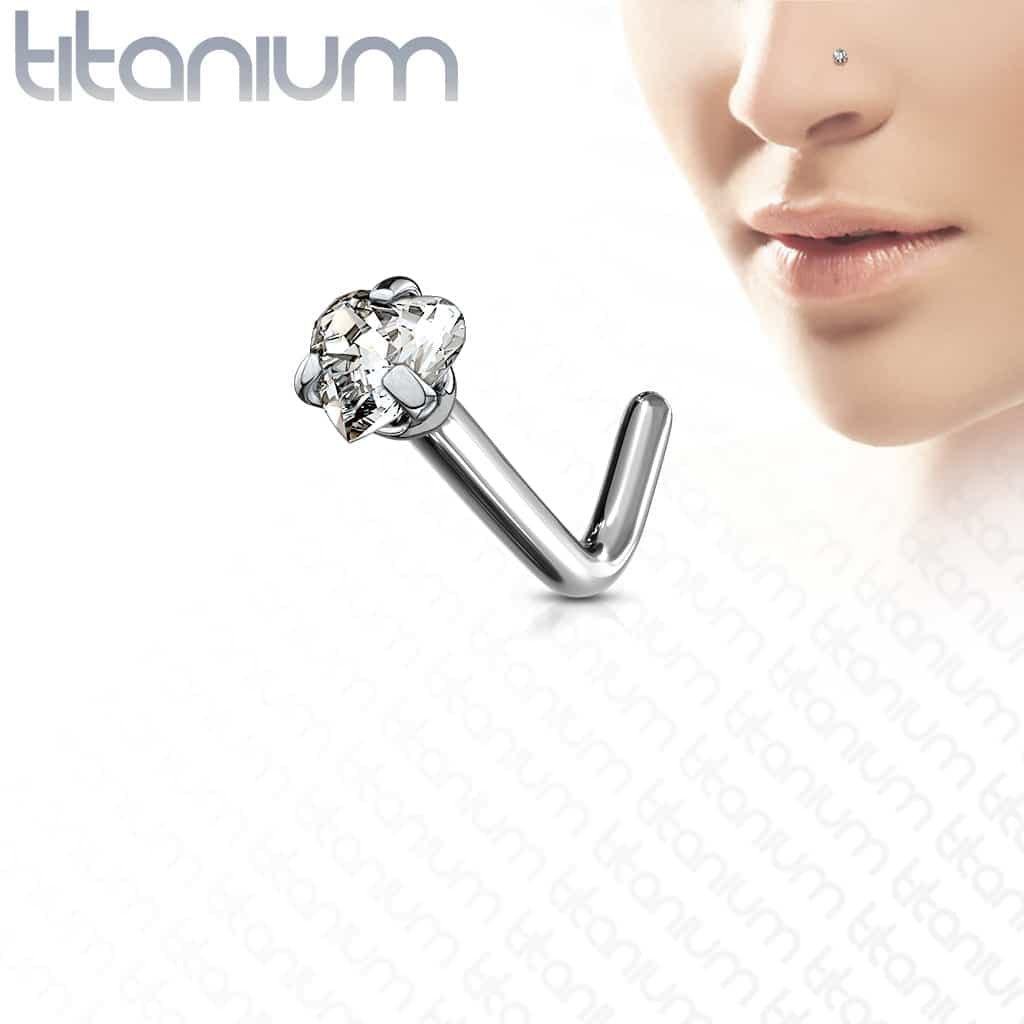 Titanium neus stud piercing met helder hartje prong-set