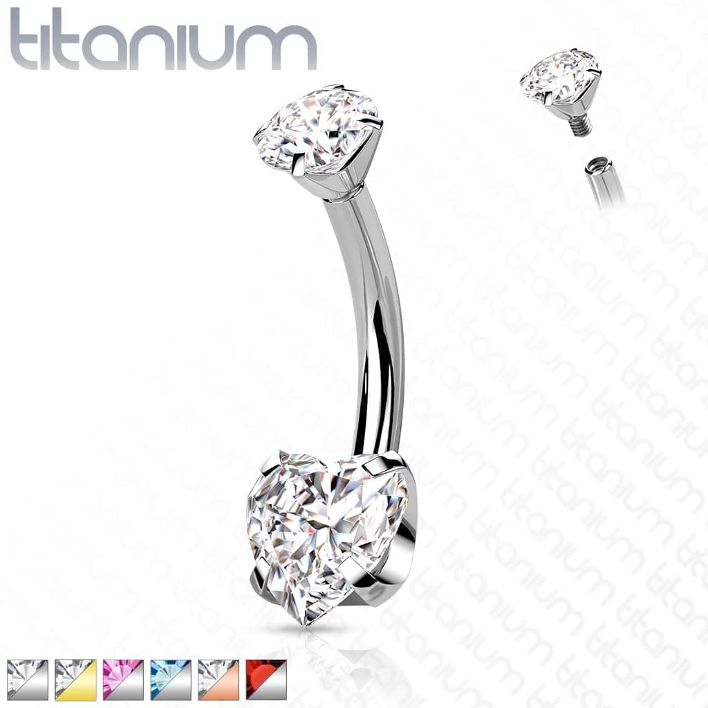 Titanium navelpiercing intern geschroefd met hart prong en ronde CZ steen