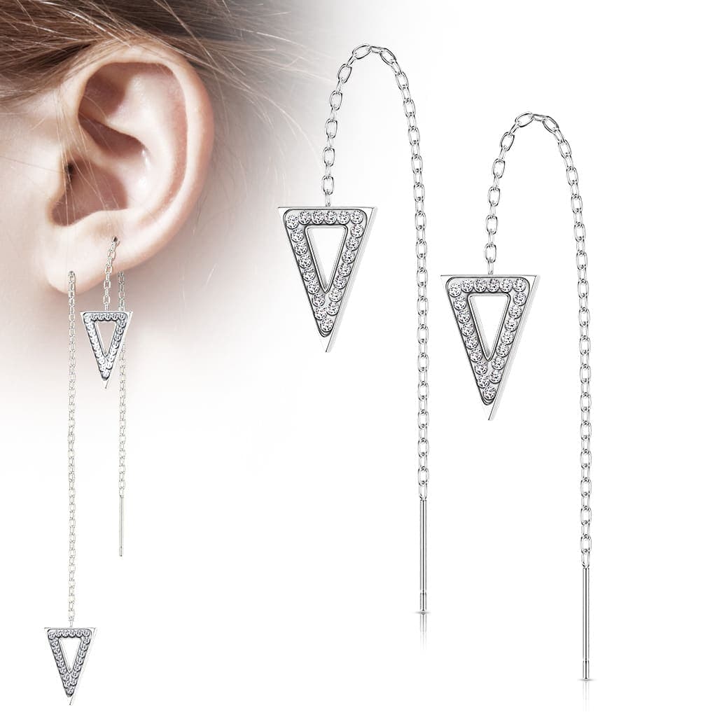 Paar threader oorbellen met ketting en triangle belegd met kristallen