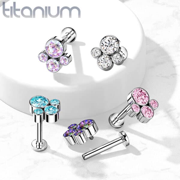 Titanium intern geschroefde labret piercing met 4 CZ stenen - Afbeelding 4