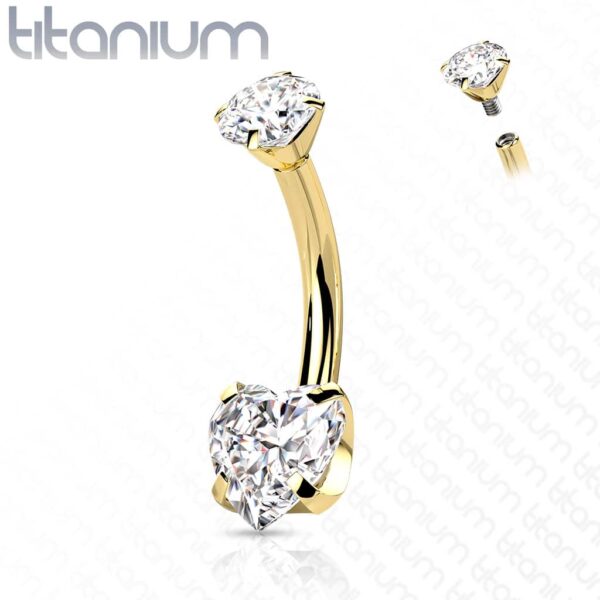 Titanium navelpiercing intern geschroefd met hart prong en ronde CZ steen - Afbeelding 18