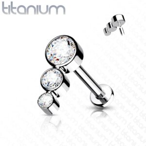 Titanium labret piercing  met 3 aflopende cz steentjes