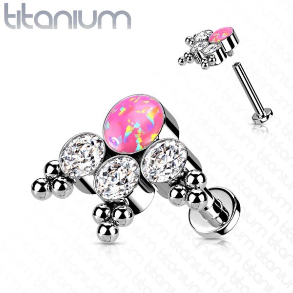 Intern geschroefde labret piercing van titanium met 3 heldere cz steen en balletjes - Afbeelding 7