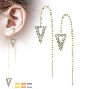 Paar threader oorbellen met ketting en triangle belegd met kristallen