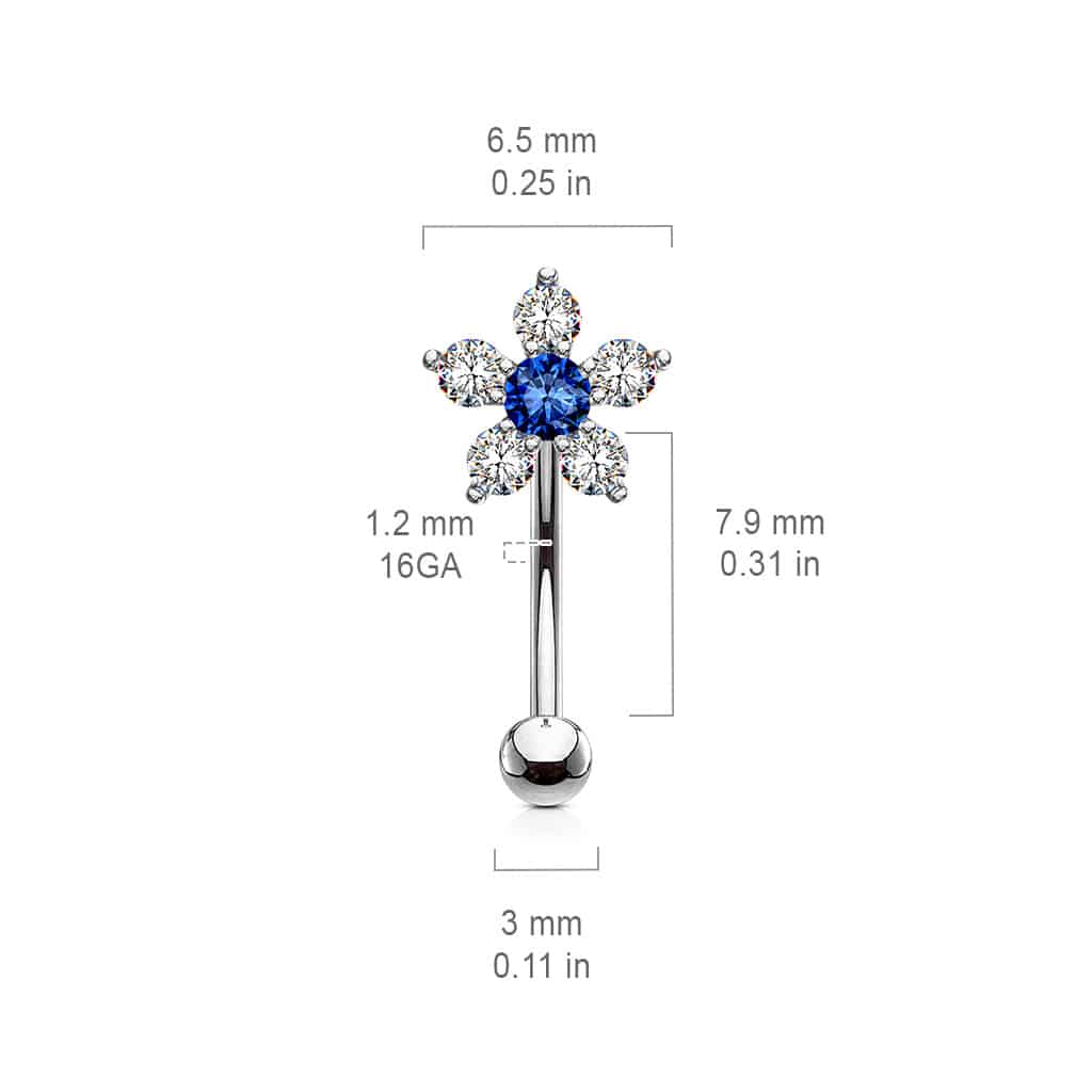 Gebogen barbell met CZ prong-set bloemetje in verschillende kleuren - Afbeelding 2