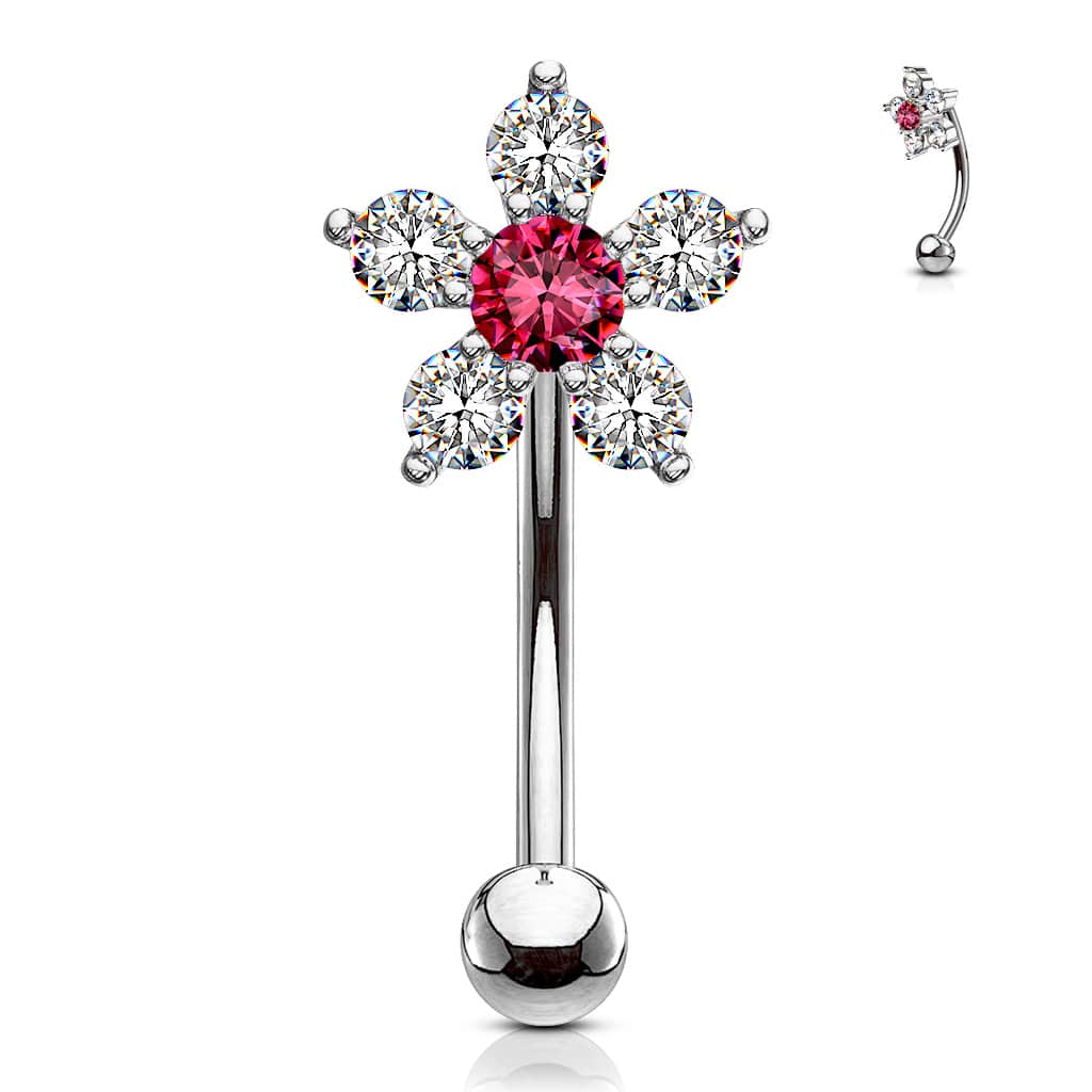 Gebogen barbell met CZ prong-set bloemetje in verschillende kleuren - Afbeelding 9