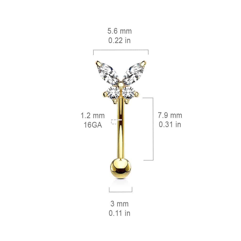 Gebogen barbell met CZ prong-set vlinder in verschillende kleuren - Afbeelding 2