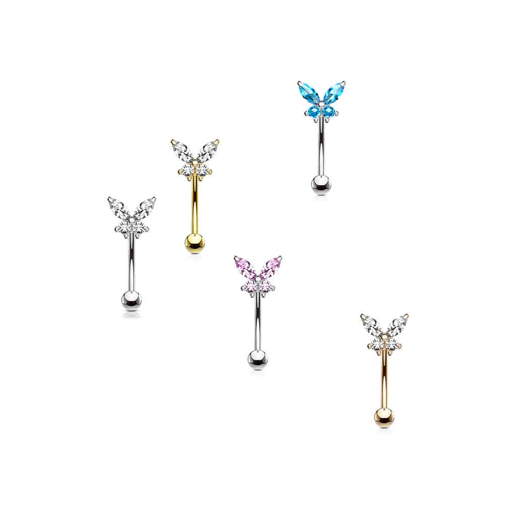 Gebogen barbell met CZ prong-set vlinder in verschillende kleuren - Afbeelding 3
