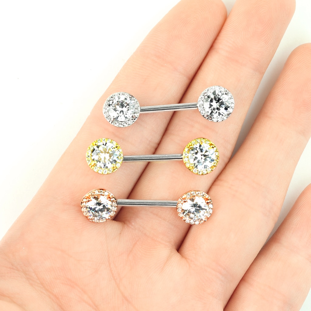 Tepelpiercing barbell met CZ stenen balletjes - Afbeelding 4