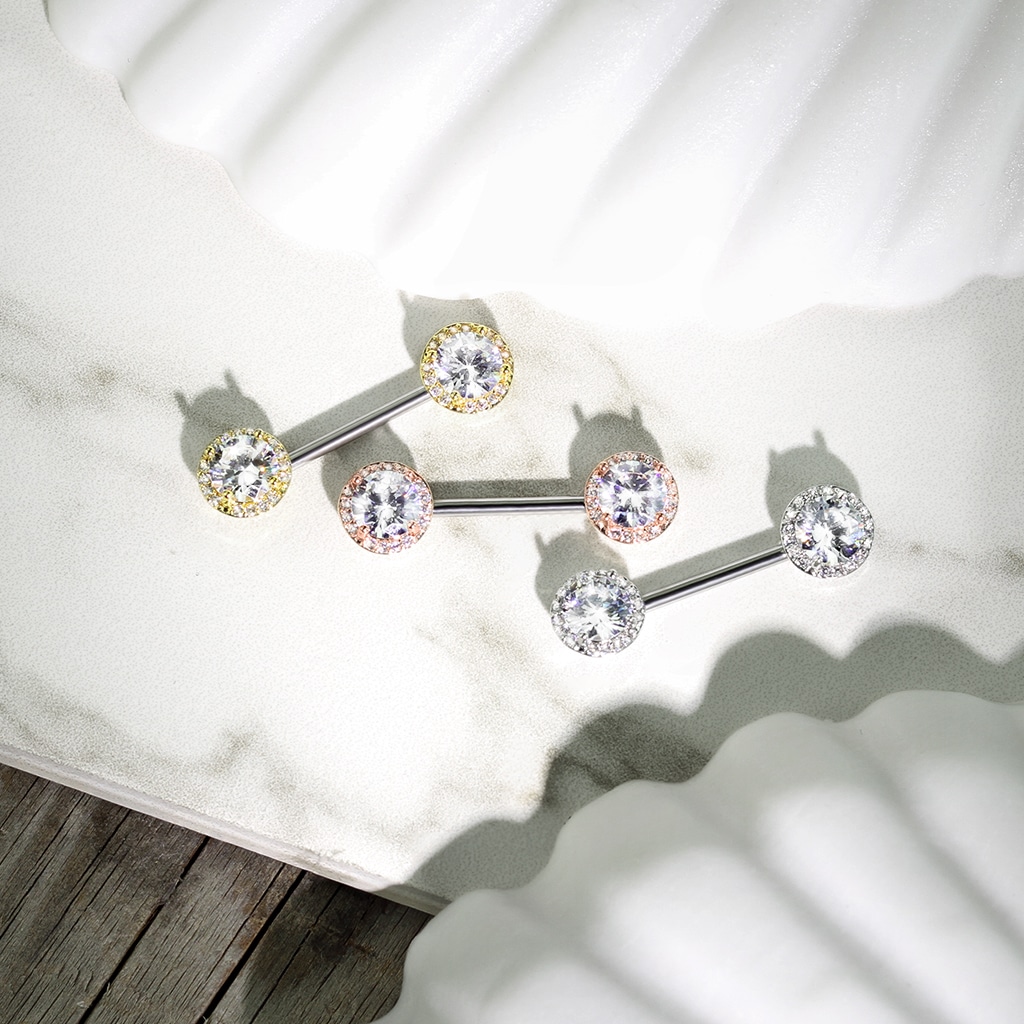 Tepelpiercing barbell met CZ stenen balletjes - Afbeelding 5