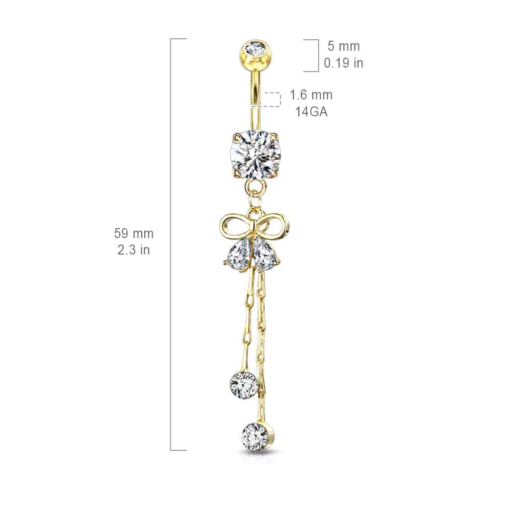 Navelpiercing met lintvormig design, peervormige cz steentjes en kristal aan kettinkje - Afbeelding 5