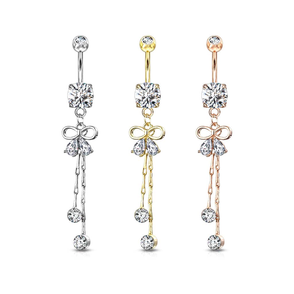 Navelpiercing met lintvormig design, peervormige cz steentjes en kristal aan kettinkje - Afbeelding 4