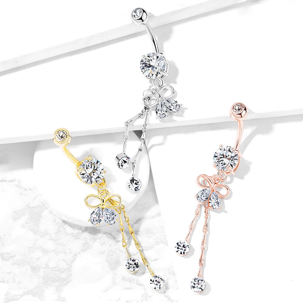 Navelpiercing met lintvormig design, peervormige cz steentjes en kristal aan kettinkje - Afbeelding 2