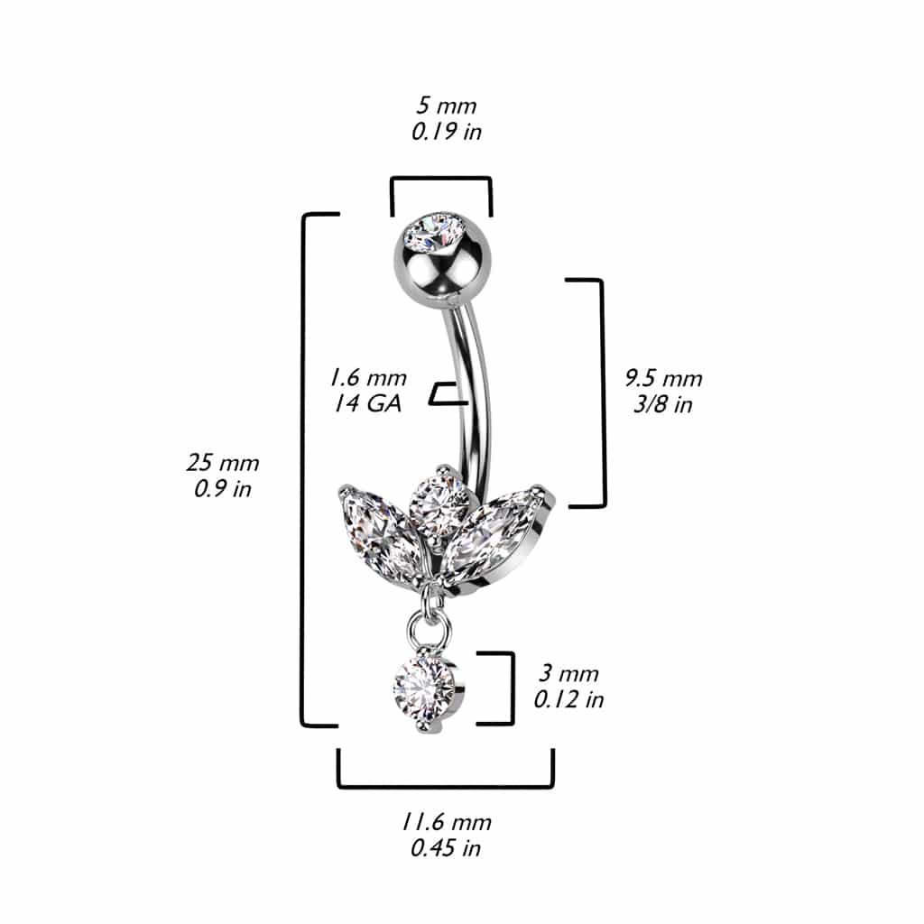 Navelpiercing met marquise cz blaadje en klein bungelend steentje - Afbeelding 2
