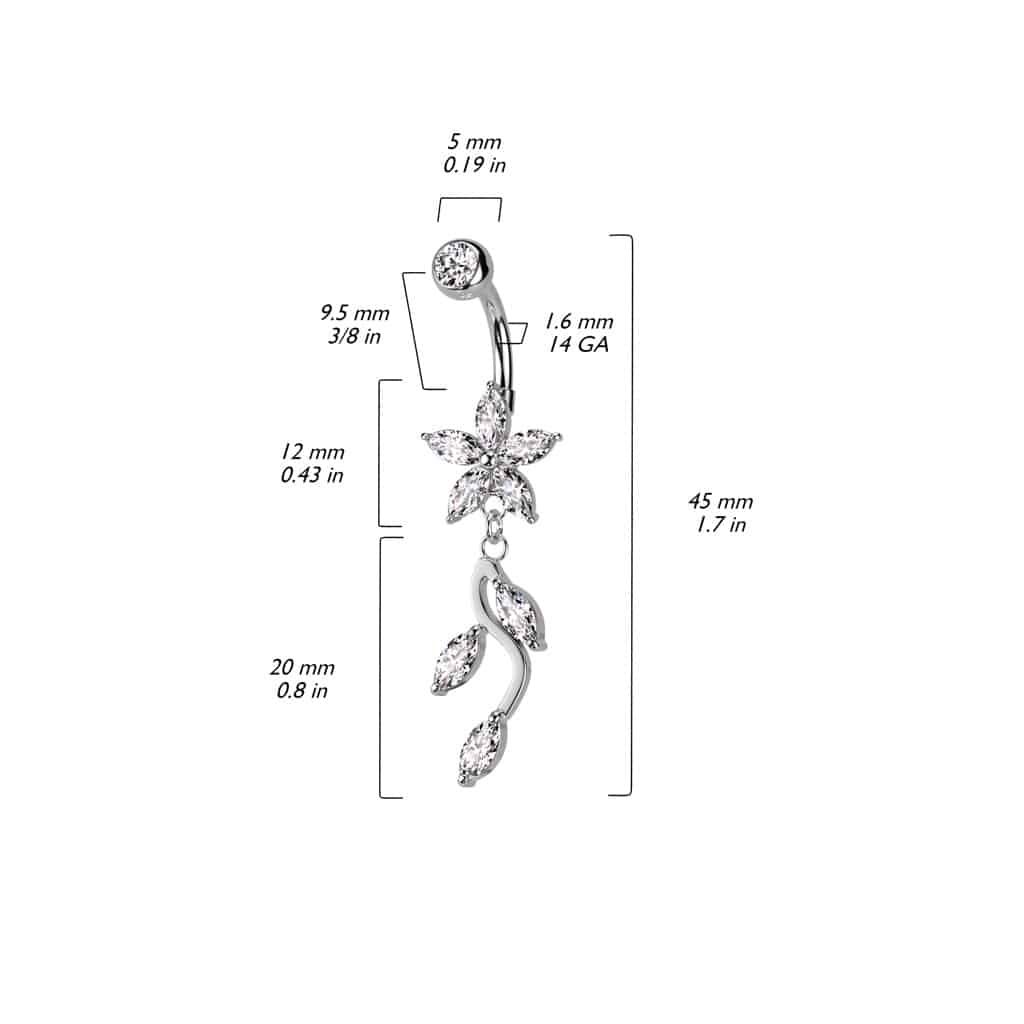Navelpiercing met bloem van 5 marquise cz en sierlijke tak-hanger - Afbeelding 2
