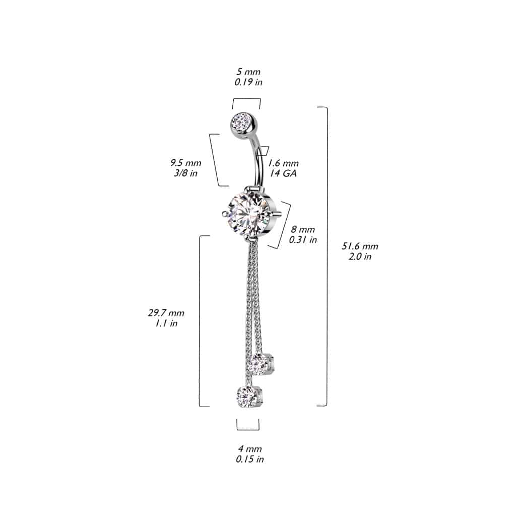 Navelpiercing met dubbele cz en twee bungelende kettinkjes - Afbeelding 2