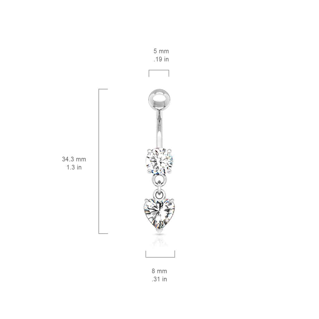 Navelpiercing met rond cz steentje en bungelend hartje - Afbeelding 2