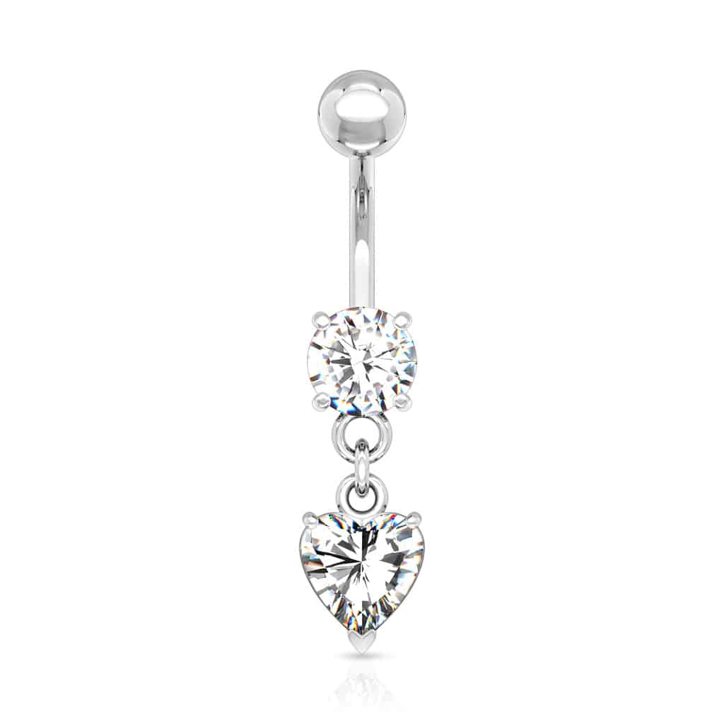 Navelpiercing met rond cz steentje en bungelend hartje - Afbeelding 3