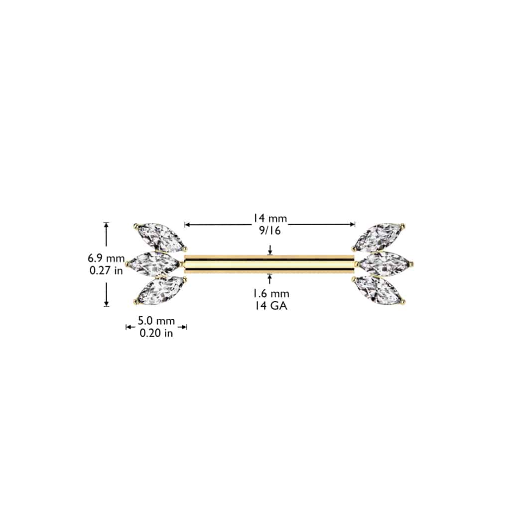 Tepelpiercing met drievoudige marquise steentjes - Afbeelding 2